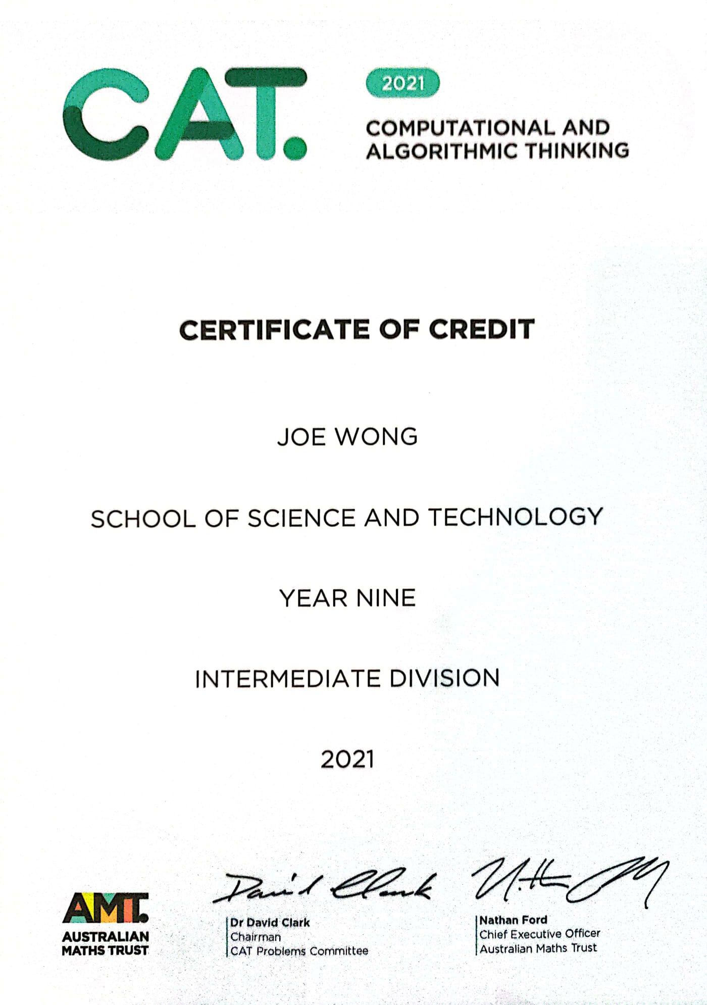 My CAT Cert for 2021
